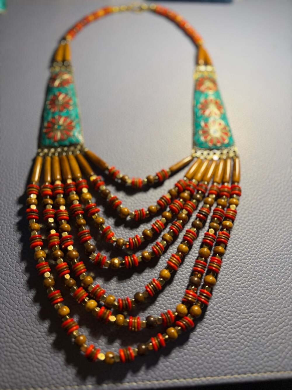 Vintage Tibetan Style Multi-Strand Bib Necklace with Turquoise Mosaic and Floral